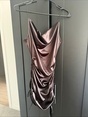 Satin Cowl Neck Ruched Slip Dress - Black